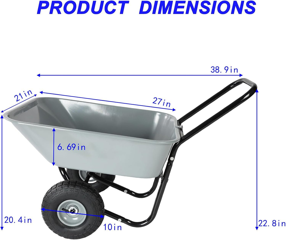 Dual Wheel Wheelbarrow, Heavy Duty Garden Cart, 300 lbs Capacity Utility Cart with Two 15 inches Pneumatic Tires for Outdoor Lawn Yard Farm Ranch (Gray)