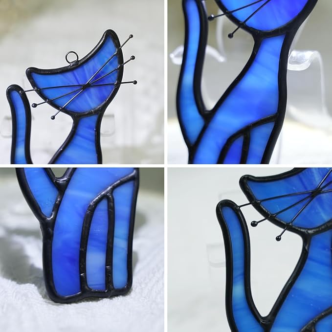 Cat Decor Stained Glass Window Hangings,Blue Cat Suncatcher for Window Cat Ornament Home Decor,Cat Themed Gifts for Women Cat Lovers Gifts,Great for Livingroom Bedroom