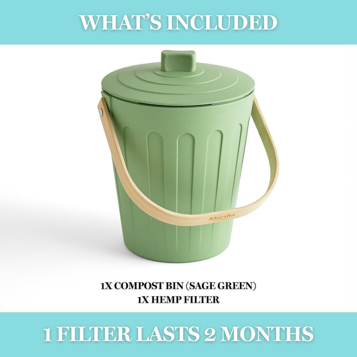 Martha Stewart Indoor Compost Bin | Countertop Composting Bucket for Kitchen | .7 Gallon Capacity | Includes Filter | Plant Based Materials | Sage Green