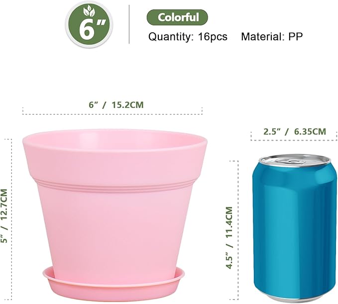 6 inch Small Plastic Nursery Pots, Seedling Pots, 16 Pack Plant Pots for Indoor Outdoor Plants, Flower Pots with Drainage Holes and Saucers, Decorative Planters for House Plants, Colorful
