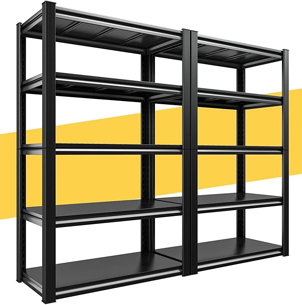 Raybee Storage Shelves 2000LBS Garage Shelving Heavy Duty, 5-Tier Adjustable Garage Shelves, Metal Shelving for Garage, Basement, Warehouse, Pantry, 72" H x 31.5" W x 16.5" D, 2PC, Black