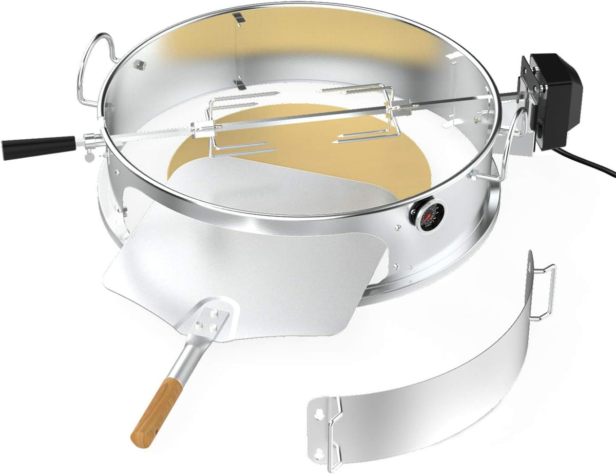 onlyfire Stainless Steel Multi-purpose Rotisserie and Pizza Combo Kit for Weber 22-Inch Kettle Charcoal Grills - Include Pizza Peel and Pizza Stone