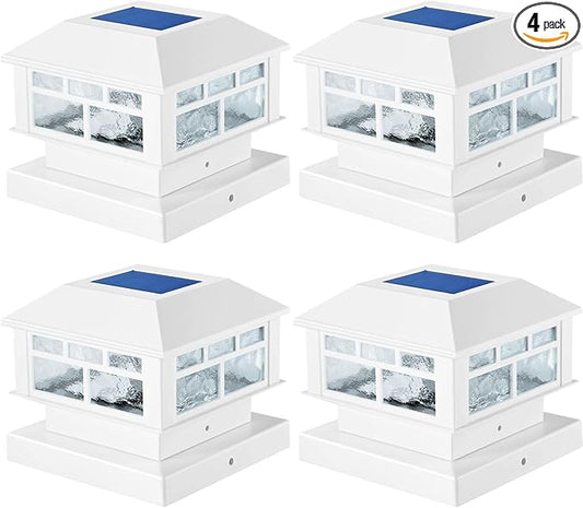 4 Packs Solar Post Cap Lights White Fence Deck Post Light Solar Powered Fit 3.5x3.5 4x4 5x5 Wooden Posts Outdoor Waterproof