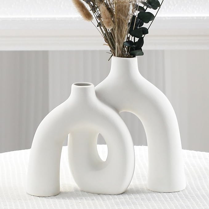 CEMABT Modern Nordic Boho Vase Set - Elegant White Matte Ceramic Home Decor for Living Room, Bookshelf, Mantel, Entryway Table & Console Décor | Shelf Decorations Gift