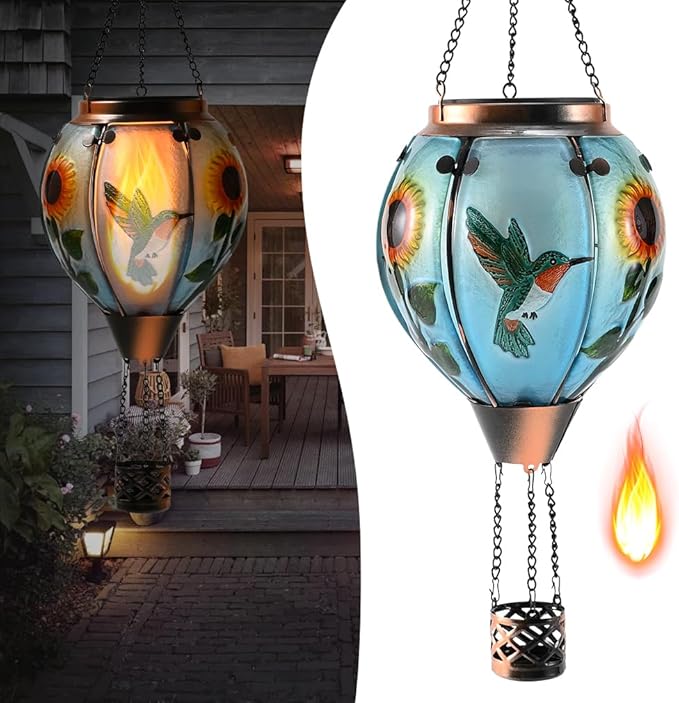 Hot Air Balloon Solar Lantern - Simulated Flickering Flame Hummingbird Glass Lantern, Outdoor Hanging Sunflower Yard Light Waterproof IP65 & Weather Resistant for Garden Patio Lawn Porch Decor Gfit