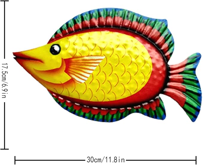 HHgrowe 11.8 Inches Hand-Painted Metal Fish Art Wall Decor Coastal Ocean Sea Hanging Decorations Garden Pool Decor Set of 4 Colorful Outdoor or Indoor Wall Sculptures …