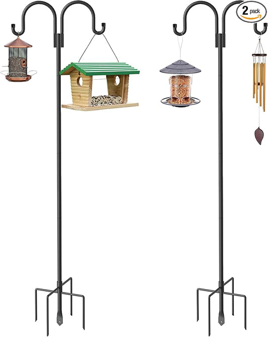 Highpro Double Shepherds Hooks for Outdoor, 2 Pack 79 Inch Heavy Duty Garden Pole for Hanging Bird Feeder, Bird Feeder Hook Plant Baskets,Garden Plant Hanger Stands with 5 Base Prongs