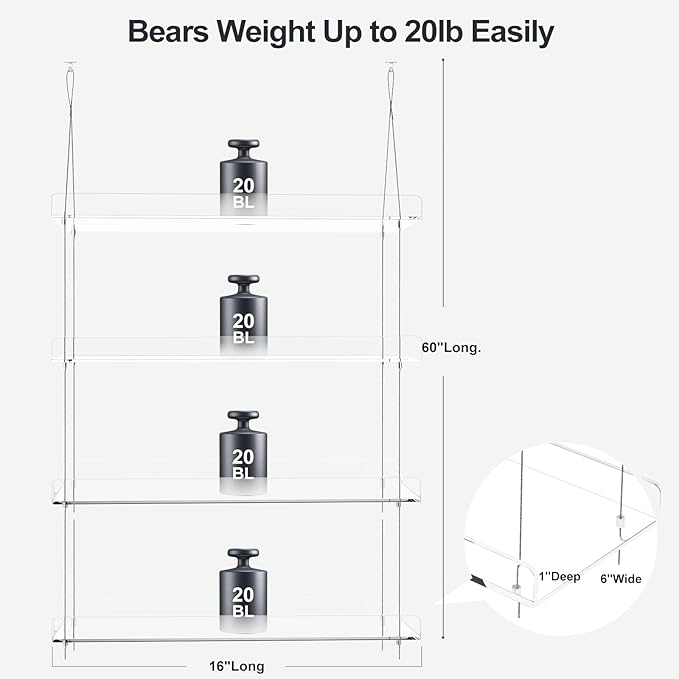 4-Tier Hanging Clear Plant Shelves for Windows, Acrylic Window Wall Plant Stand Shelf for Kitchen Indoor Gardens, Flower, Succulents, Herb, Seedling Organization, and Pots Display, 16 Inch per Tier