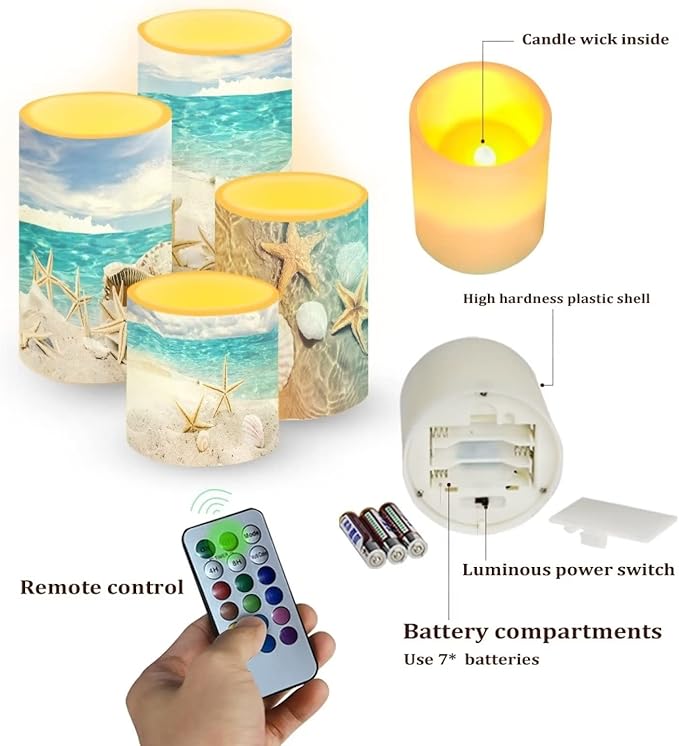 Black Flameless LED Battery Candles 4PCS Pillar Candles with 18-Key Timer Remote Colorful Light for Christmas Party Celebration Decor, Seawater Starfish
