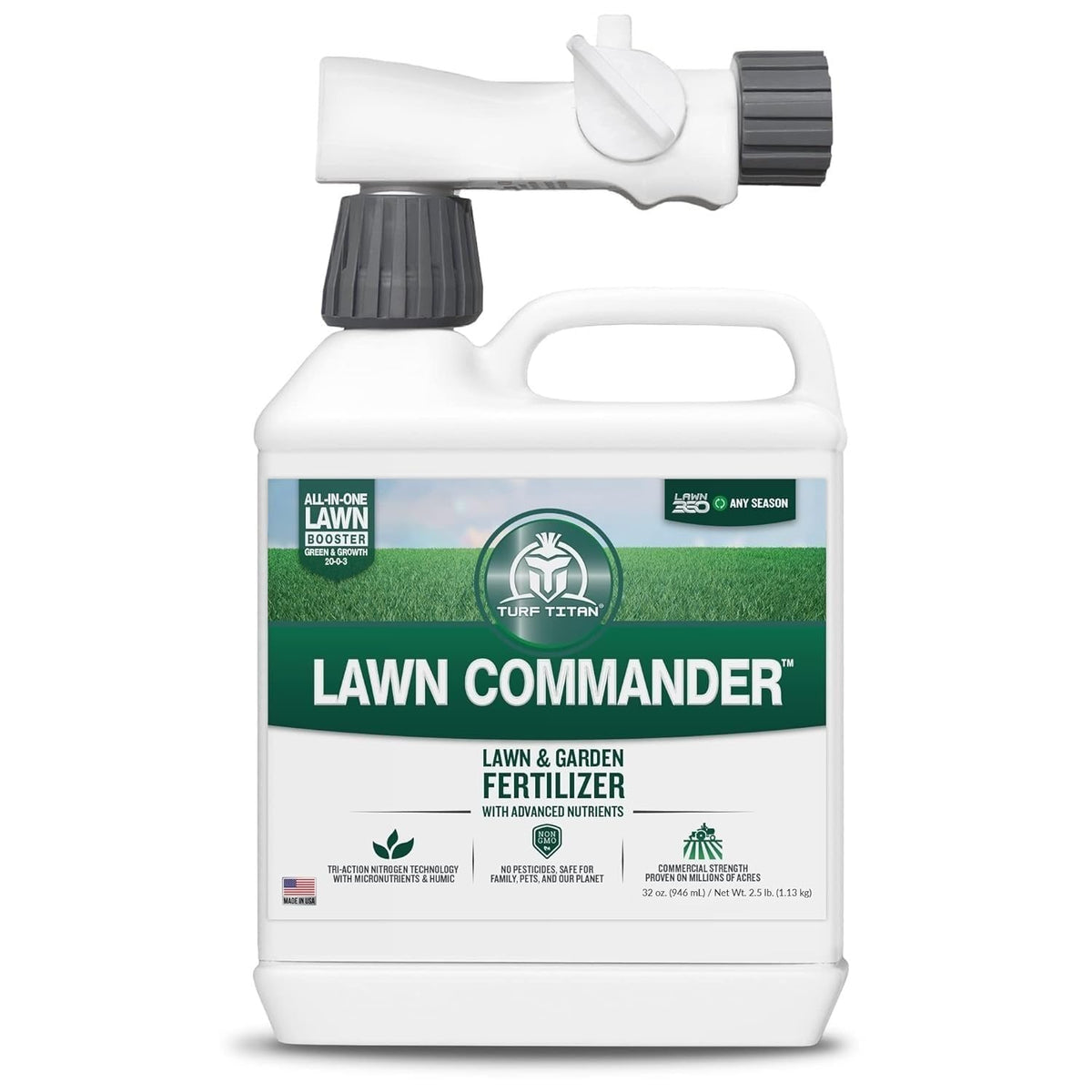 Turf Titan Lawn Commander – All-in-One Lawn Booster and Fertilizer (32 oz) – Peak Growth & Green Grass for All Seasons – Tri-Action Nitrogen Tech - Hose End Lawn Sprayer – Covers up to 8,000 Sq Ft