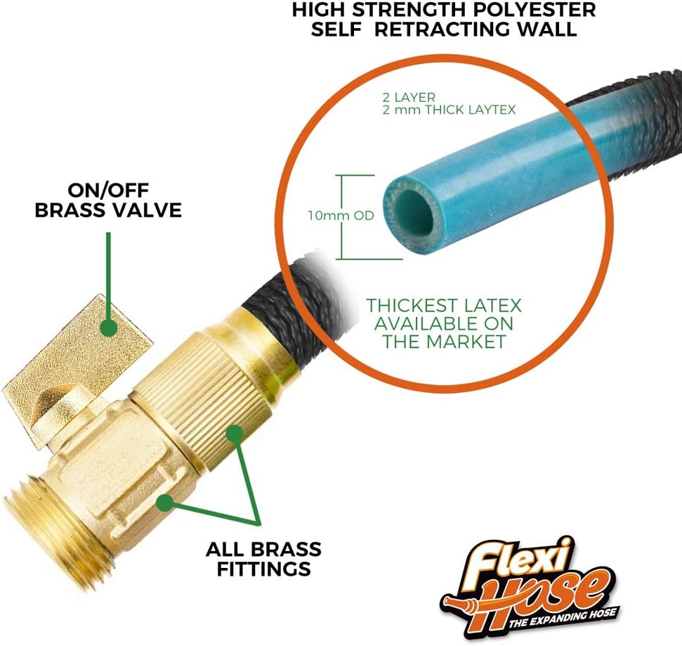 Flexi Hose PLUS with 8 Function Nozzle Expandable Garden Hose, Lightweight & No-Kink Flexible Garden Hose, 3/4 inch Solid Brass Fittings and Double Latex Core, 25 ft Black