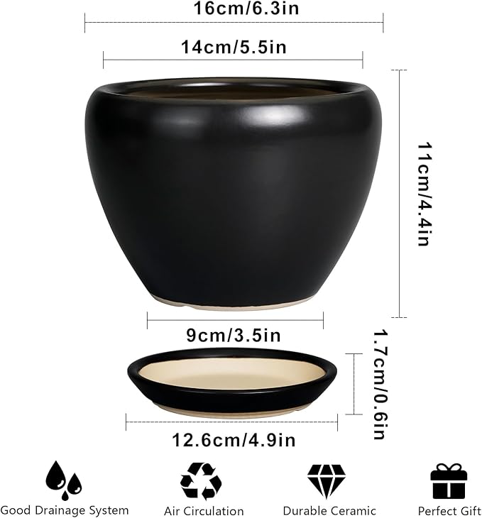 Ceramic Planter Pot - 6 Inch Plant Pot with Drainage Hole and Saucer Round Planter for Indoor Plants Outdoor Succulent Pot Modern Flower Pot for Home Decor Black