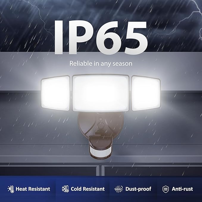 Onforu 65W LED Security Lights Motion Sensor Light Outdoor, 6500LM, 6500K, IP65 Waterproof, Flood Light Outdoor Motion Detector with Adjustable 3 Head, Hardwired Wall Light for Entryway, Yard (Brown)