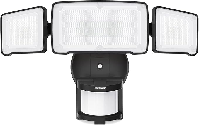 LEPOWER LED Motion Sensor Security Lights, 3 Head Motion Detected, 38W, 4200LM, Waterproof IP65, 5500K, Full Metal for Outdoor, Garage, Porch, Yard (Not Solar Powered, Black)
