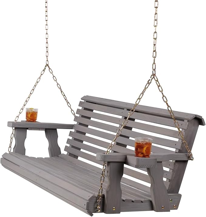 Amish Casual 5 Foot Roll Back Porch Swing with Cup Holders in Semi-Solid Grey Stain - Amish Made in The USA from Treated Pine Heavy Duty 700 Lb. Weight Capacity