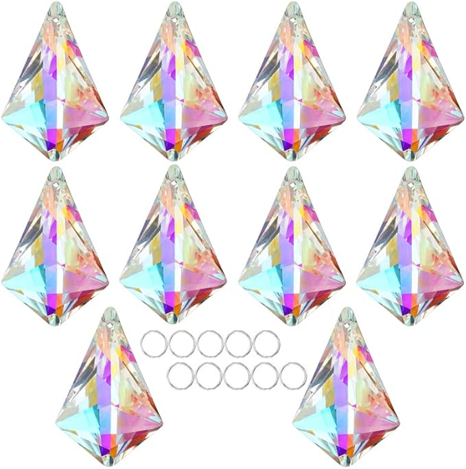 50mm Sun Catchers with Crystals, 10 Pcs Hanging Crystals Suncatchers for Windows, Colored Horns Crystals Prisms,Glass Pendant Suncatchers for Chandeliers, Garden, Christmas Tree Decor