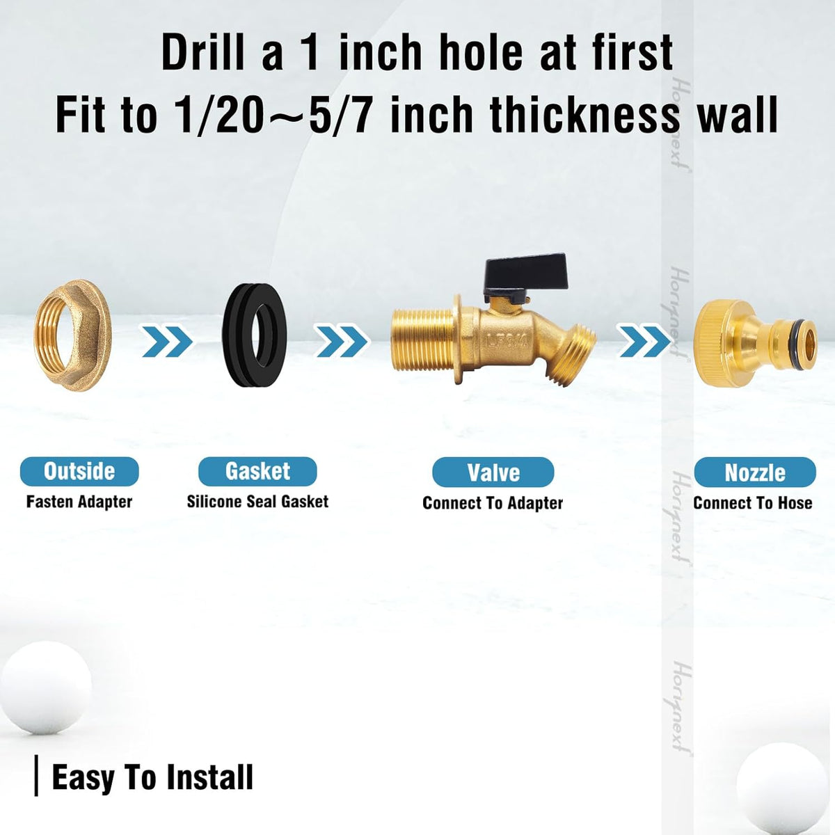 spigot for rain barrel parts kit, brass water barrel spigots accessories for 55 gallon bucket, garden hose connector adapter bulkhead fitting, 1-1/4 inch O.D. thread 5/8 inch barb O.D.