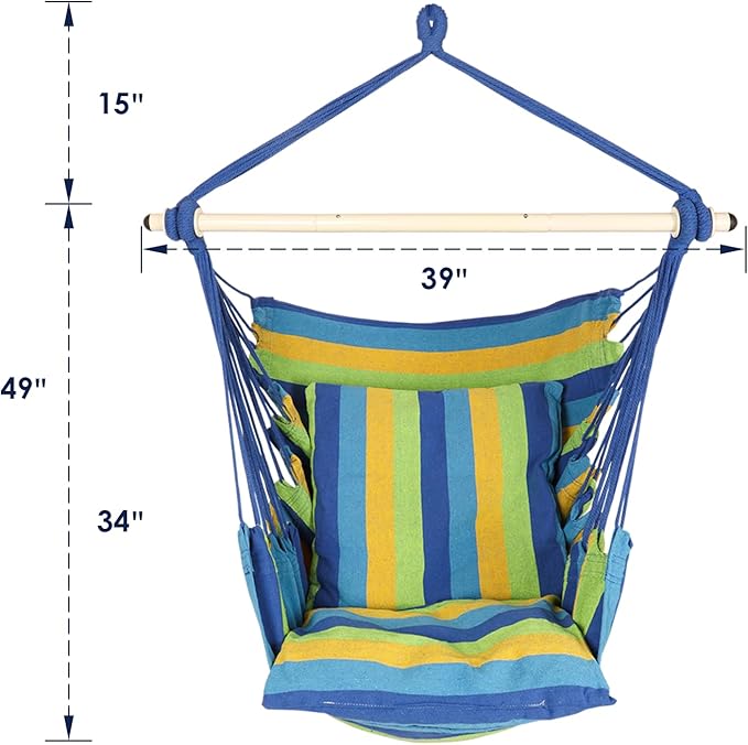 Highwild Hammock Chair Hanging Rope Swing - Max 500 Lbs - 2 Cushions Included - Steel Spreader Bar with Anti-Slip Rings - for Any Indoor or Outdoor Spaces (Blue Striped)