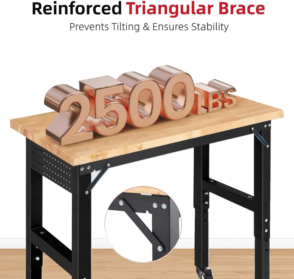 Work Bench with Wheels 48 x 20 Inch Heavy Duty Rubberwood Tabletop Garage Workbench Adjustable Height Work Table with Pegboard, Power Outlets for Woodworking Shop, Home, Office