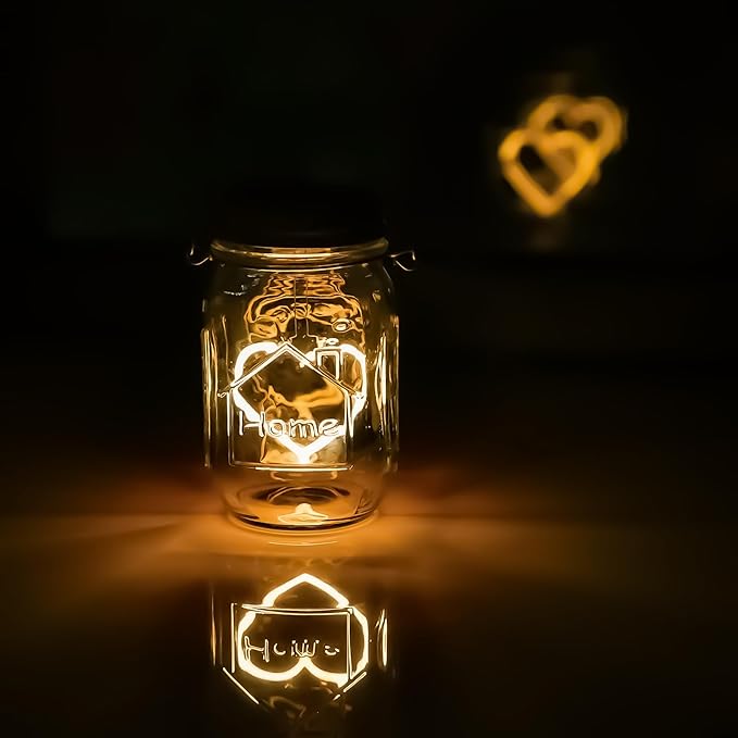 Hanging Solar Mason Jar Lights, 4 Pack Warm Heart Shape Led Lights, Solar Powered Lanterns Outdoor Waterproof, Hangers and Jars Included, Gift for Lover, Home Party Wedding Garden Patio Decor (4)