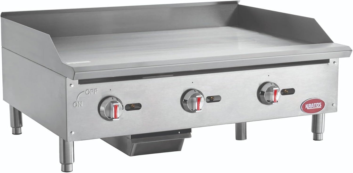 Kratos 29Y-005 36" Commercial Restaurant Gas Countertop Griddle, Manual Controls, 3 Burners, 90,000 BTU Output