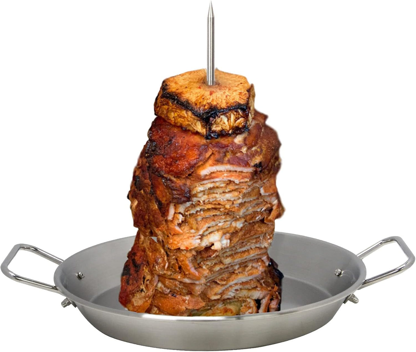 BBQ Vertical Skewer Pan Gyro Spit Stand for oven, Al Pastor Shawarma Skewer for Grill, El Pastor Hack for Tacos Al Pastor Chicken, Brazilian, Stainless Steel, with 8",10" and 12" stick