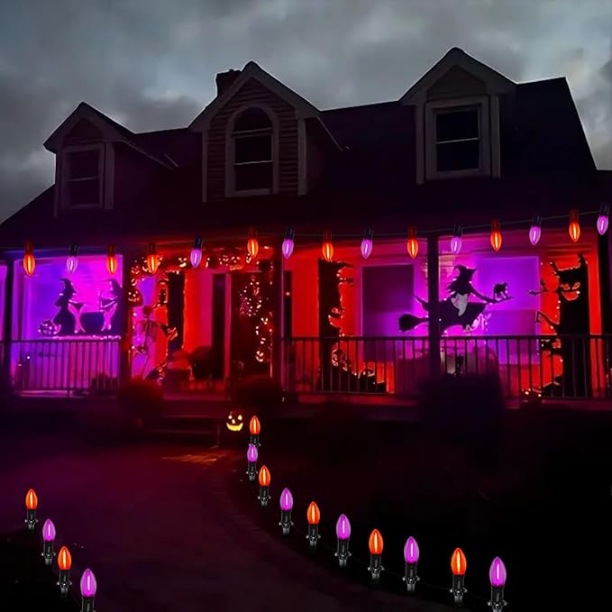 19.5Ft LED Halloween Pathway Lights Outdoor with 10 C9 LED Orange Purple Lights, Outdoor Halloween Decoration Pathway Marker Stakes Lights Waterproof for Yard Garden Sidewalk Walkway Halloween Party