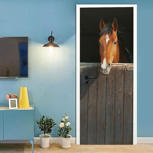 Horse 3D Door Stickers Murals - Peel & Stick - Waterproof & Washable - Matt Finish - Rustic Style - Animal Print - Rectangular - 33.9" x 78.7" - 2 Pieces