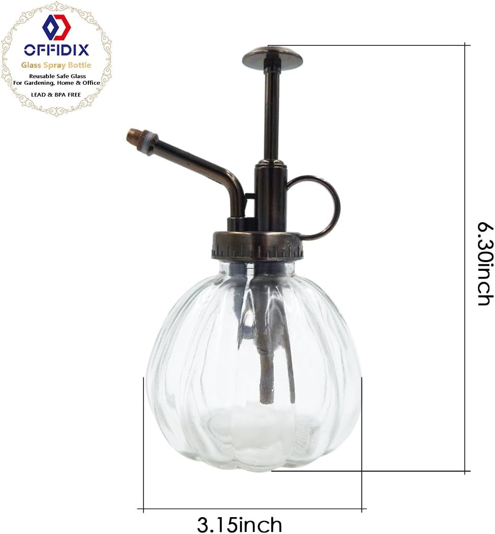 OFFIDIX Transparent Glass Watering Spray Bottle, 6.3 Inches Tall Vintage Style with Bronze Plastic Top Pump One Hand Plant Mister Glass Watering Can Indoor
