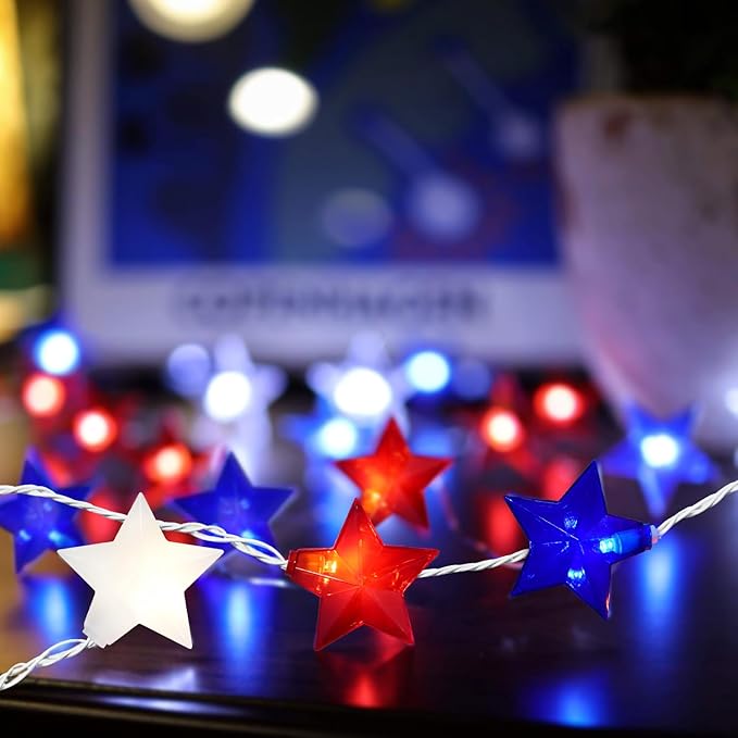 20 LED 4th of July Decor Big Star Lights, 17FT Red White and Blue Star String Lights Plug in, Memorial Day Independence Day Patriotic Decorations Outdoor Indoor for Home Garden Patio, White Wire
