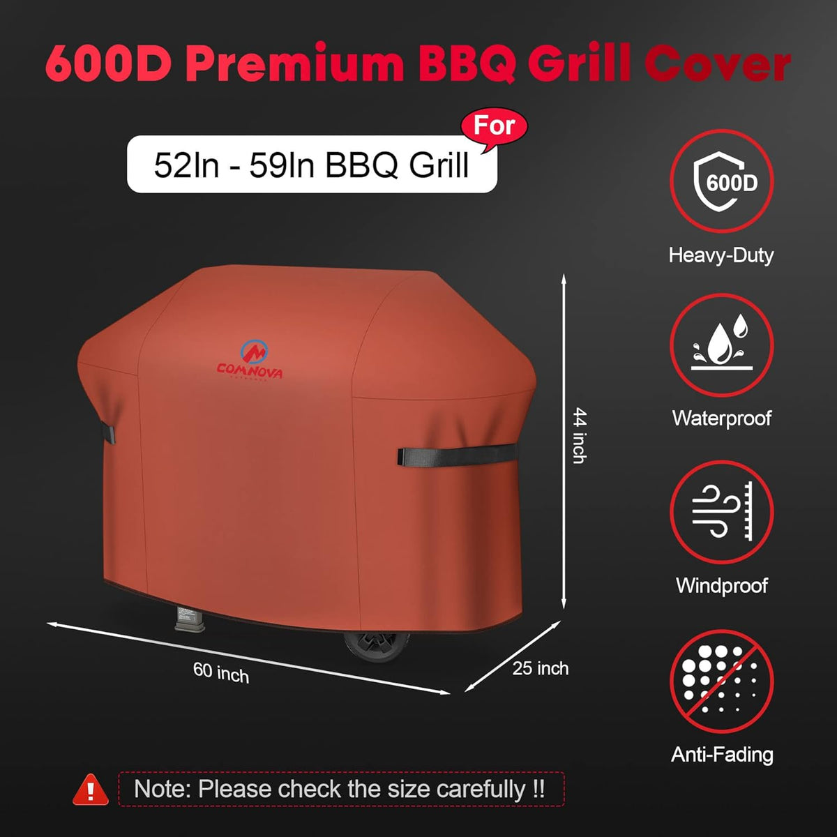 Comnova Grill Cover 60 Inch - 600D BBQ Cover for Outdoor Grill Heavy Duty & Waterproof, 60 Inch Barbecue Gas Grill Covers for Weber, Char-Broil, Nexgrill, Dyna-glo, Monument, Brinkmann and More
