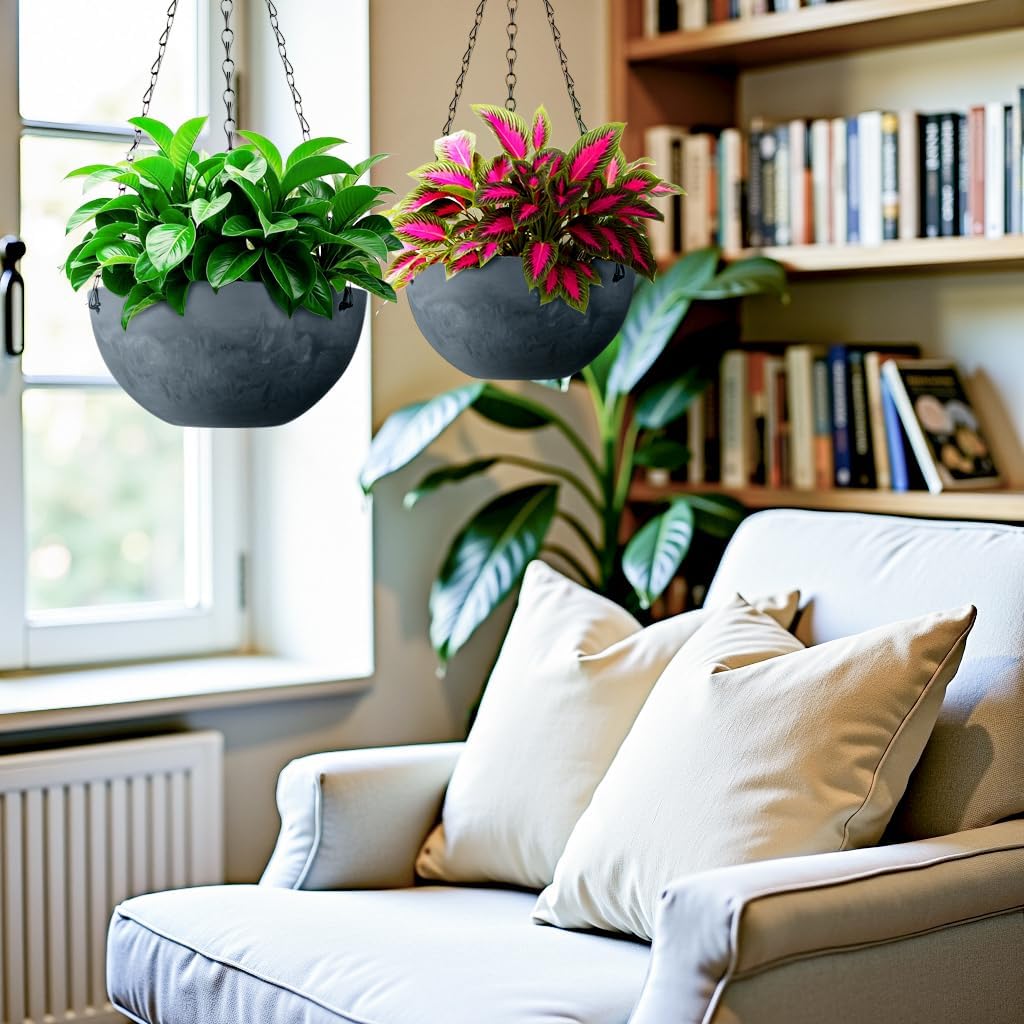 Marble Pattern 10 Inch Hanging Planter for Indoor Outdoor Plants, 2 Pack Hanging Planter Basket for Garden Home Decor Use (Gray)
