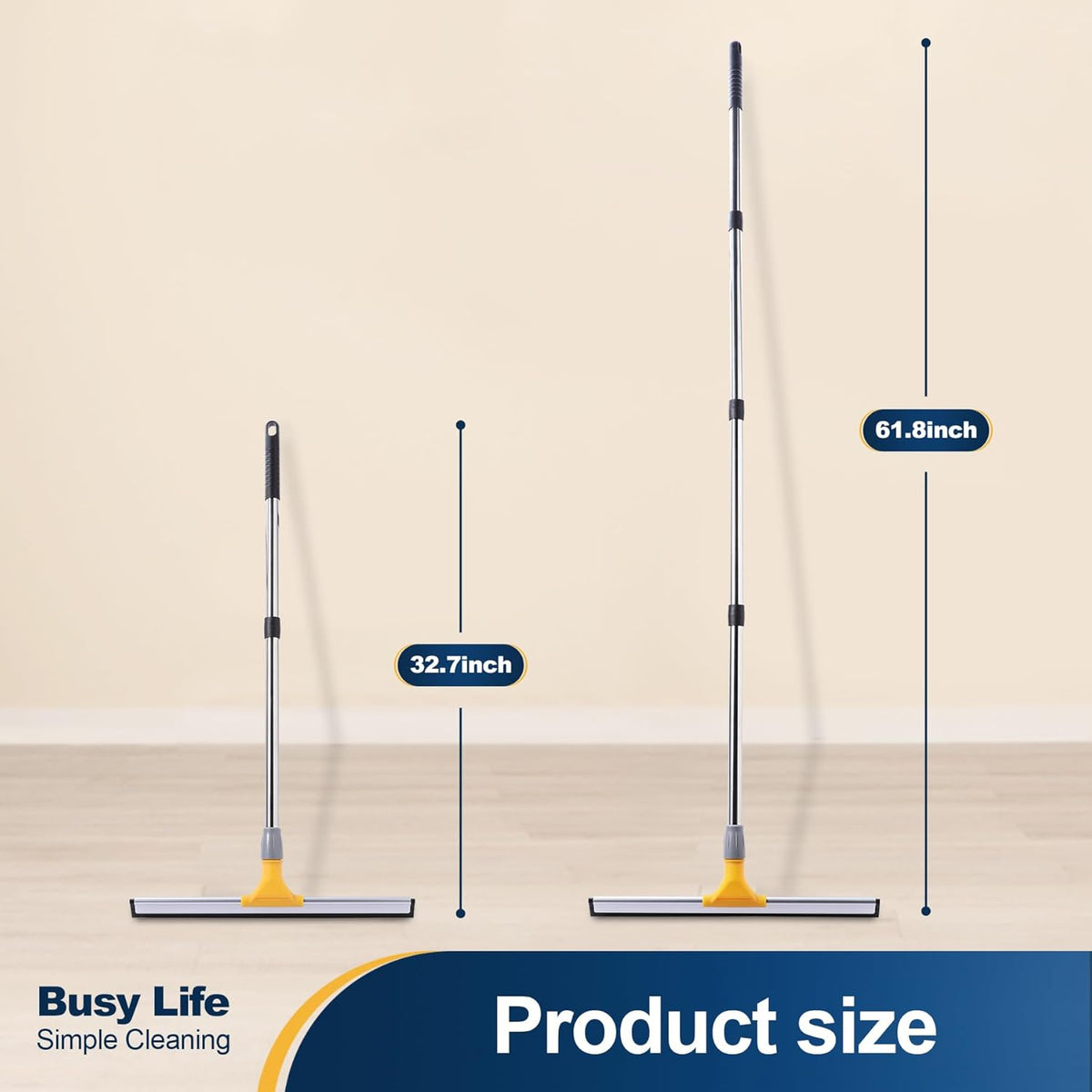 Yocada 17.7" Floor Squeegee Rubber TPR Blade Scrubber Broom 61.8inch Pole Household Broom for Garage Courtyard Shower Bathroom Floor Marble Glass Tile Water Foam Pet Hair Removal Cleaning