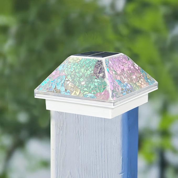 2PK Mosaic Solar Post Cap Lights Outdoor for 4x4, 3.5x3.5 Post Crackled Glass Deck Fence Lamp Weatherproof LED Light Decor in Garden, Yard, Outdoor Table, Balcony, Landscape- Iridescent