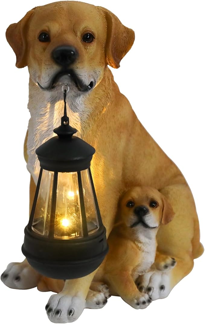 Afirst Solar Dog Statue Garden Decor- Outdoor Decor with Solar Lantern Lovely Labrador Mom with Baby Figurine Patio Lawn Yard Art Ornaments Housewarming Gift