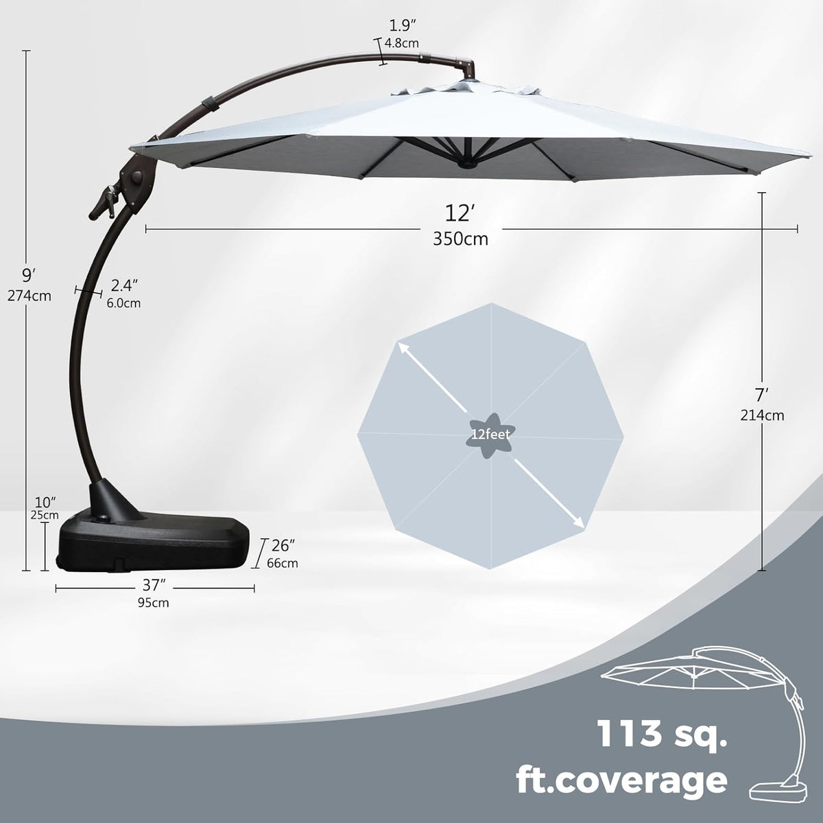 Grand patio 12 FT Sunbrella Cantilever Umbrella with Base Outdoor Aluminum Offset Umbrella with Tilt Adjustment (Granite, 12 FT-SUNBRELLA)