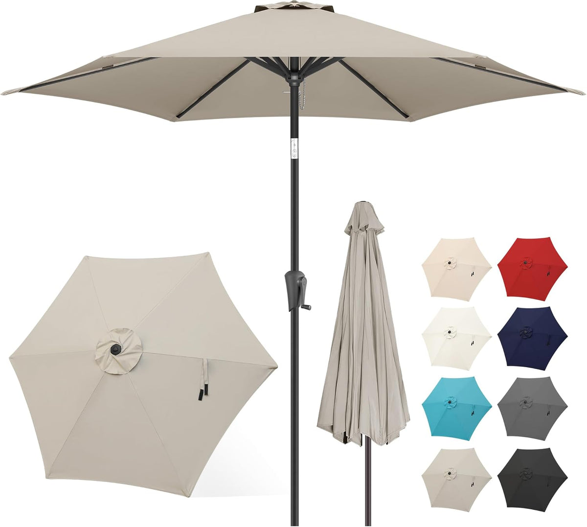 FLAME&SHADE 10ft Patio Umbrella - Outdoor Umbrella with 6 Sturdy Ribs, Push Button Tilt and Crank, UV Protection Table Market Umbrella for Pool, Porch，Garden, Deck, Backyard (Taupe)