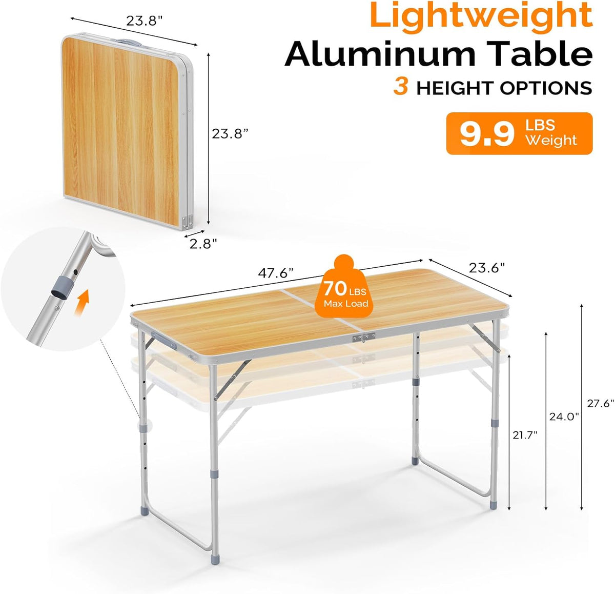 VINGLI 4FT White Folding Table with Carrying Handle Height Adjustable Lightweight Fold Up Portable for Indoor Outdoor Picnic,Camping,Hiking,Fishing,BBQ …
