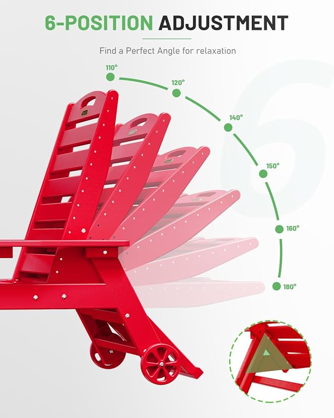 Chaise Lounge Chair Outdoor with Wheels, 6-Position Adjustable HDPE Chaise Lounge Chair with Cup Holder, Outdoor Chair for Pool Poolside Deck Backyard Patio, Red