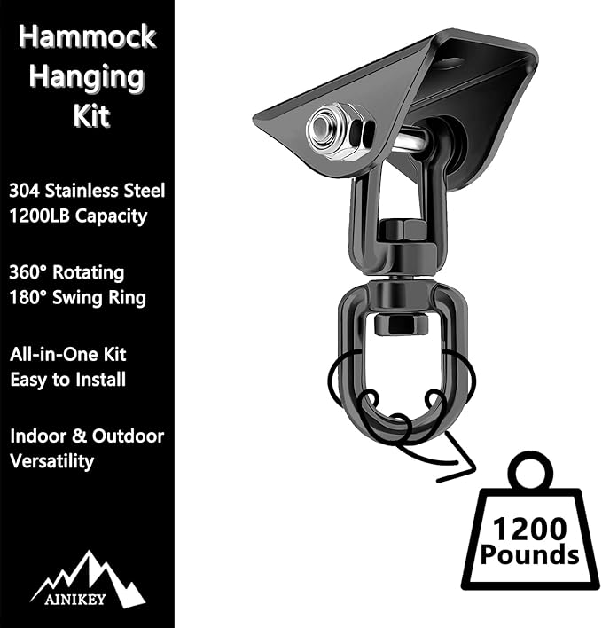 Heavy Duty Hammock Hanging Kit, 360° Rotating 1200 lb Swing Hangers for Hammock Chair Stand, Seat, Porch Swing, Yoga, Tree, Ceiling Mount, Indoor Outdoor Hanging Hardware Black | Pack of 3