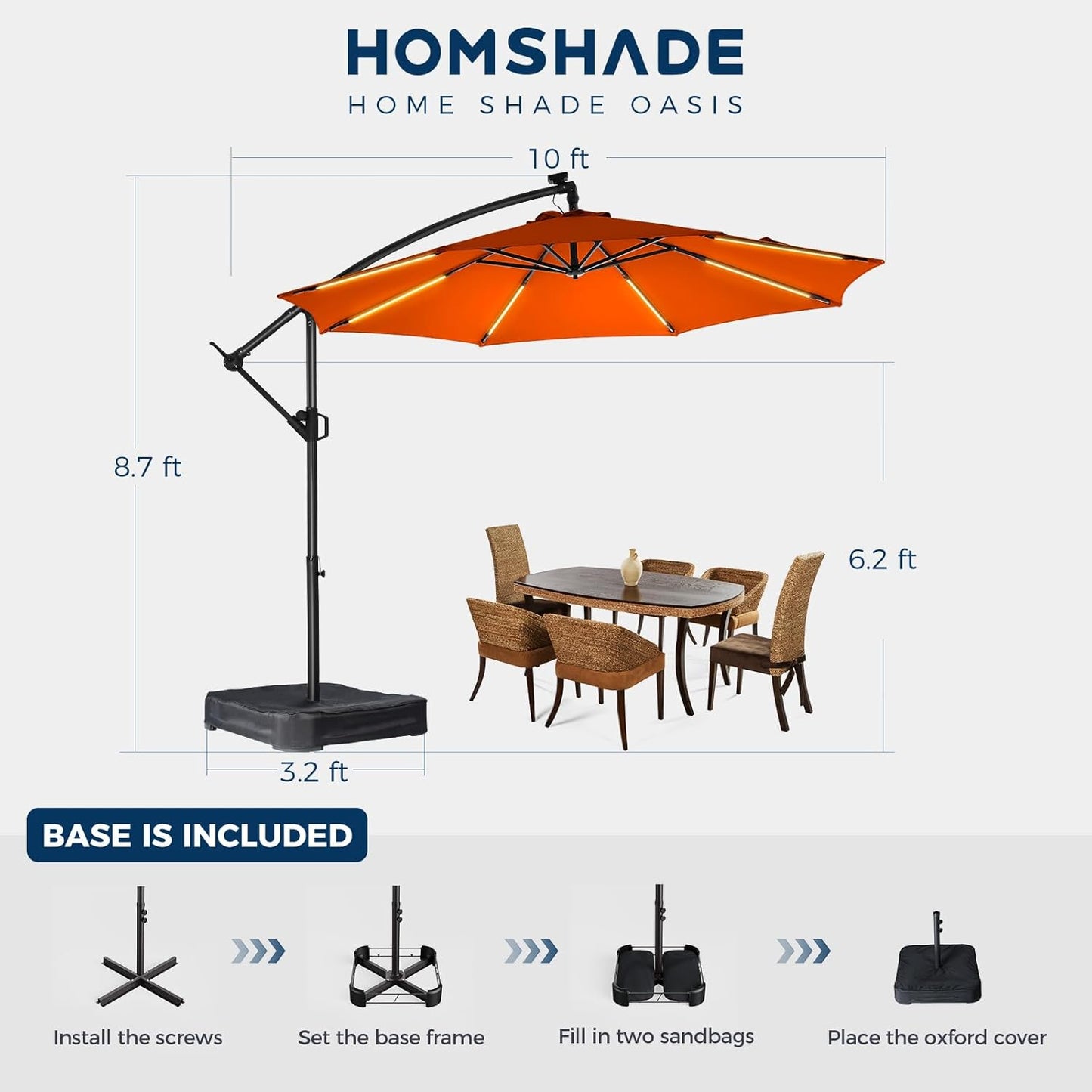 HOMSHADE 10ft Solar Lights Offset Cantilever Patio Umbrella - with Light and Base, LED Lighted Offset Hanging Patio Outdoor Market Umbrella UPF50+ UV Protection with Easy Tilt and Crank (Orange)