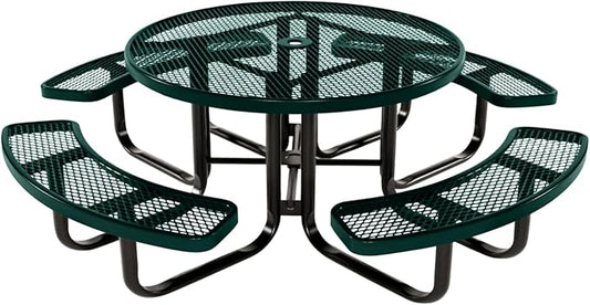 Heavy-Duty Portable Outdoor Kids Table with Umbrella Hole, Expanded Metal Kids Picnic Table, Commercial-Grade, Made in America (46 in, Round, Childrens, Textured Dark Green)