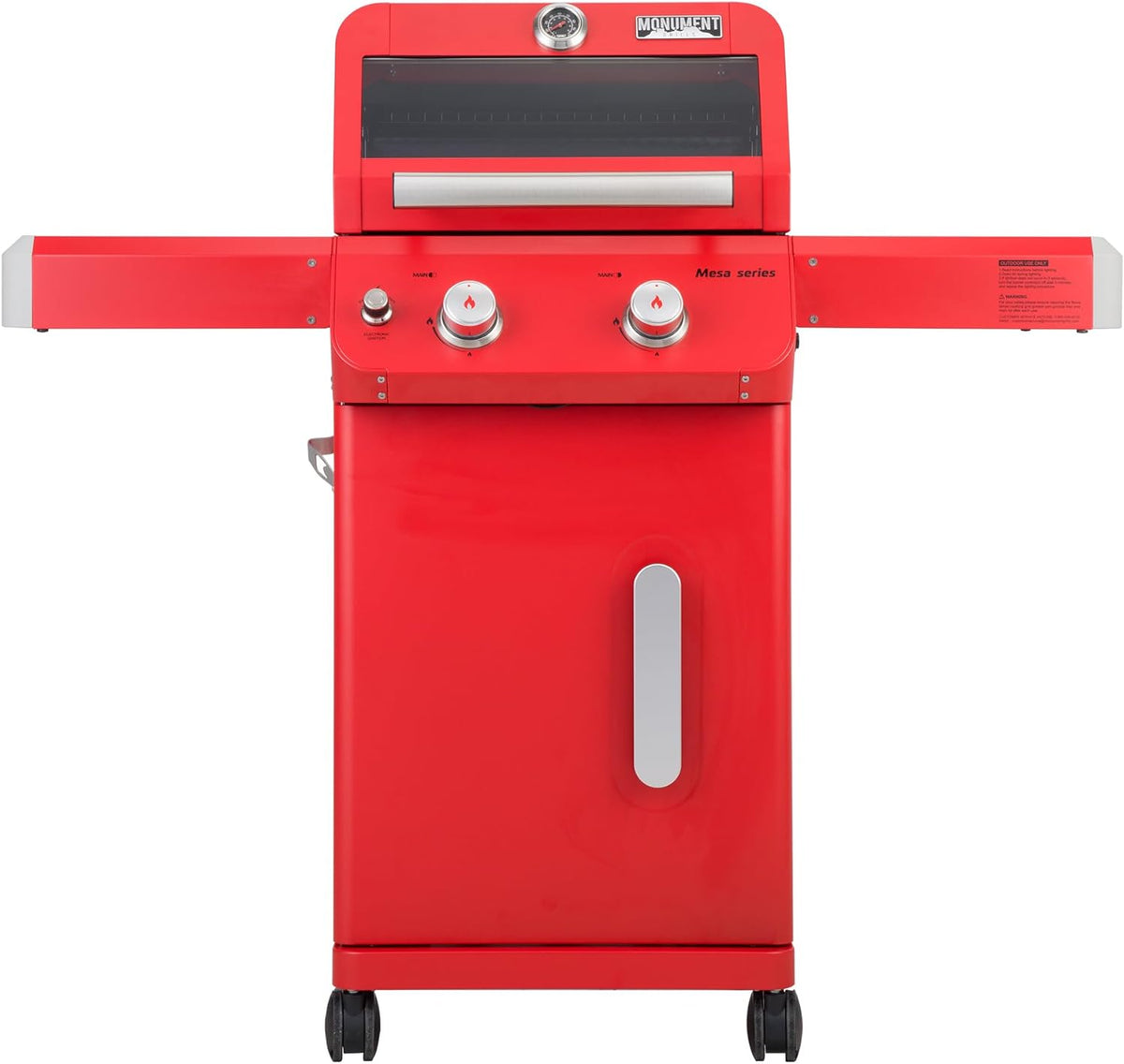 Monument Grills 2-Burner Stainless Steel Liquid Propane Gas Patio Garden Barbecue Grill with Clearview® Lid, Knob Control and Two Foldable Shelves Mesa200R, Red