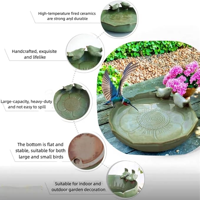 Bird Bath for Outside on Ground, 10 in Ceramic Birds Bath Bowl, Handmade Ground Bird Feeders and birdbath for Outdoors for Outdoors, Garden, Tabletop, Balcony and Lawn (Big - shallow)