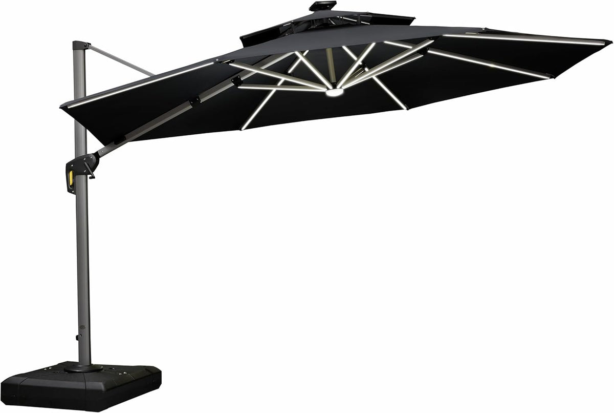 PURPLE LEAF 12ft Solar powered LED Patio Umbrella Outdoor Round Umbrella Large Cantilever Umbrellas with LED lights Windproof Offset Umbrellas Heavy Duty Sun Umbrella for Garden Deck Pool Patio, Grey