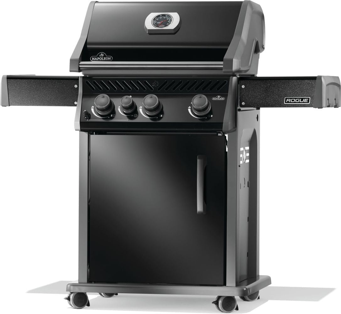 Napoleon Rogue 425 Propane Gas Grill with Range Side Burner, Black, 3 Stainless Steel Main Burners, Durable Grilling Power