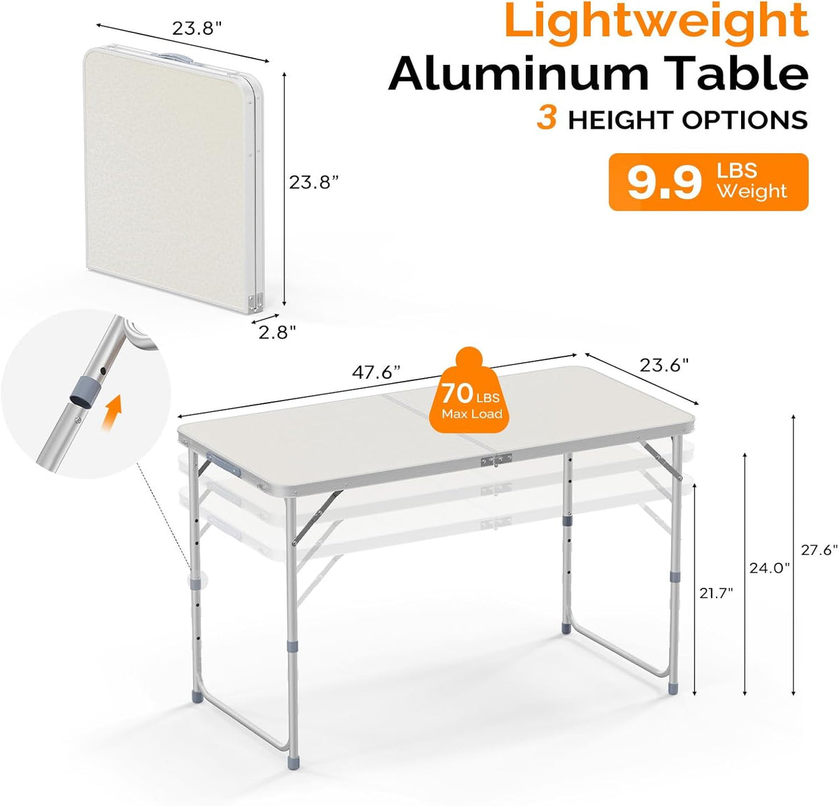 VINGLI 4FT White Folding Table with Carrying Handle Height Adjustable Lightweight Fold Up Portable for Indoor Outdoor Picnic,Camping,Hiking,Fishing,BBQ …