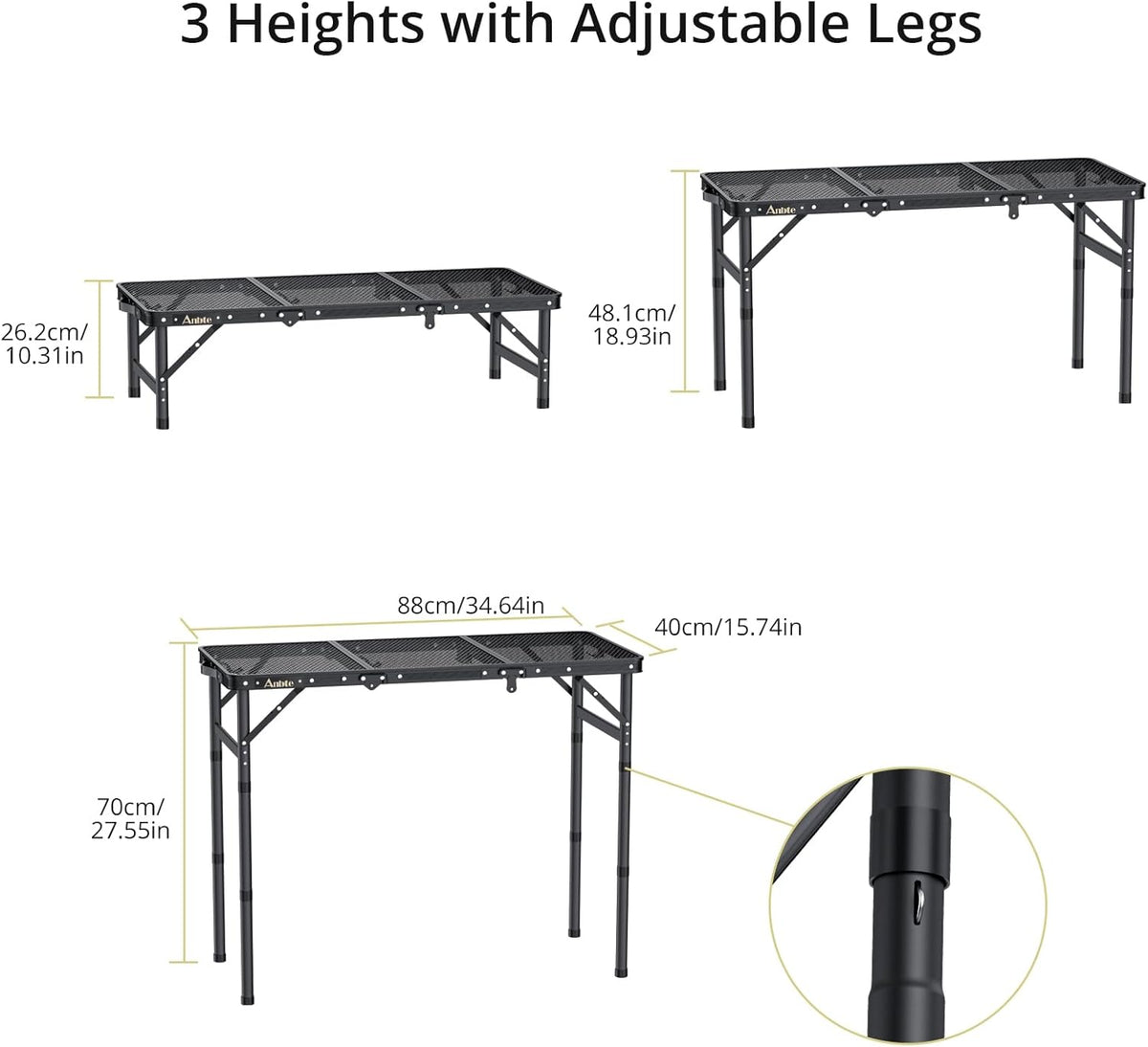 Folding Grill Table, Aluminum Camping Table Adjustable Height Max 27.5" Picnic Table Outdoor Table, Lightweight, Portable Handle for Travel Cooking BBQ Picnic, 35" x 16", Black