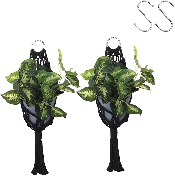 Artilady 2 Pack Black Macrame Plant Hanger Indoor - Large Hanging Planters for Wall Plants Holder Short Hademade Boho Farmhouse Rustic Home Decor