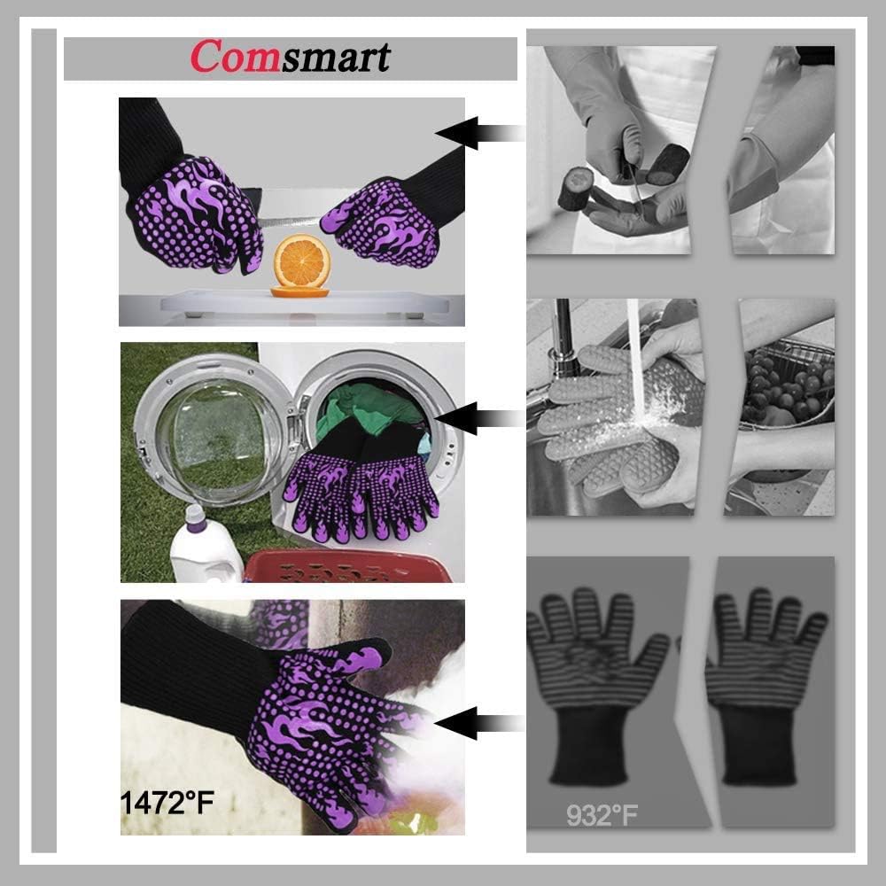 Comsmart BBQ Gloves, 1472 Degree F Heat Resistant Grilling Gloves Silicone Non-Slip Oven Gloves Long Kitchen Gloves for Barbecue, Cooking, Baking, Cutting